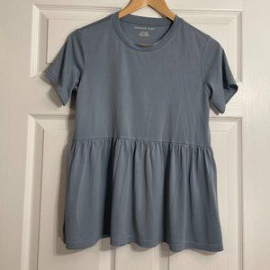 American Eagle Women's Blue Grey Short Sleeve Pleated Peplum Top Blouse XS